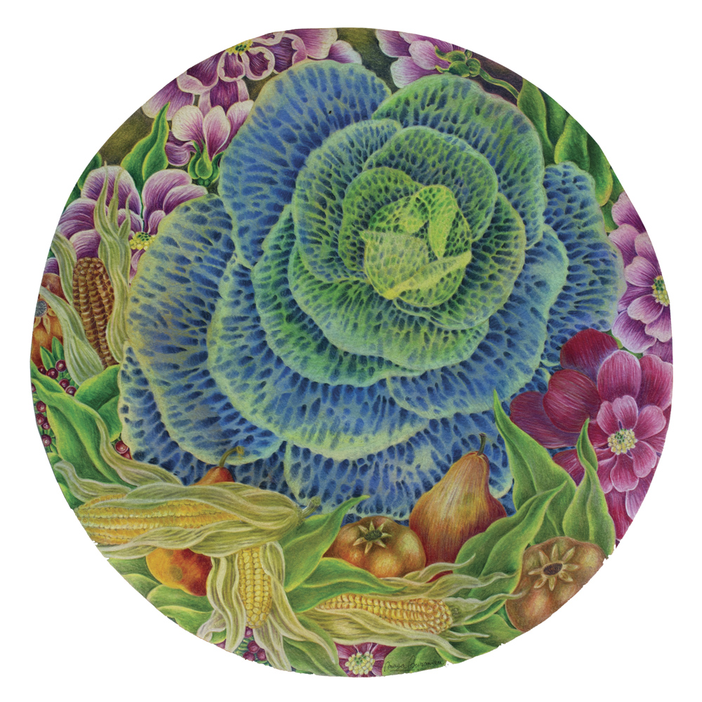Maya Burman, Le Chou De Mon Jardin – 1 , colour pencil on paper, 16” dia, 2024…