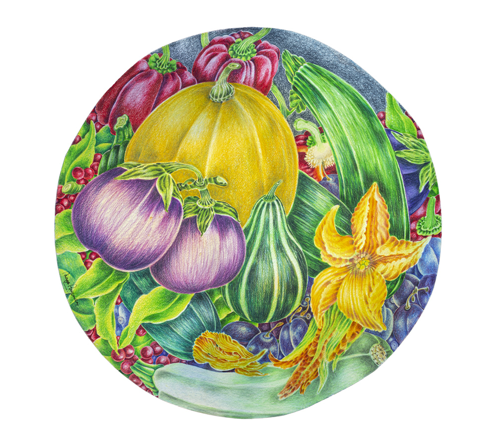 Maya Burman, Les Aubergines De Mon Jardin , colour pencil on paper, 13” dia, 2024…