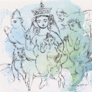 Sakti Burman, Ganesh Janani & The Flying Figures, watercolour on paper, 7” x 7.5”, 2023