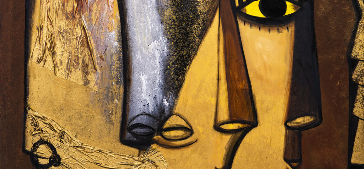 Paresh Maity, Golden Gaze, mixed media on canvas, 5' x 5' (60” x 60”), 2019