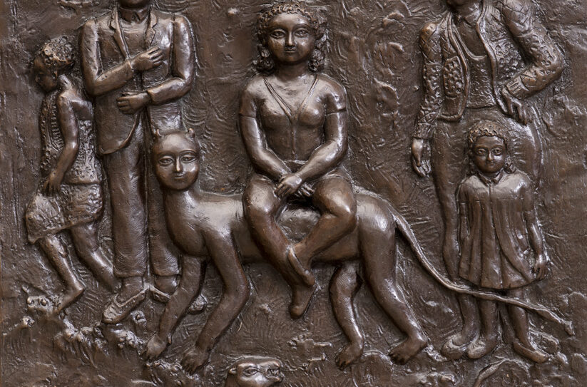 Sakti Burman, Family, bas relief sculpture brass, 29'' x 24'', 2023