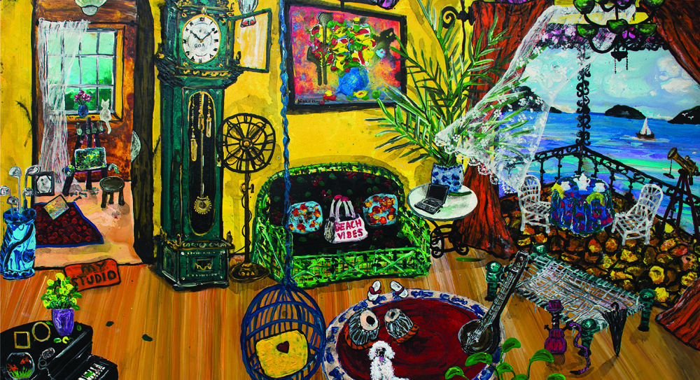 Nikhil Chaganlal, An Interior by the Sea, acrylic on masonite board, 32” x 48”, 2025