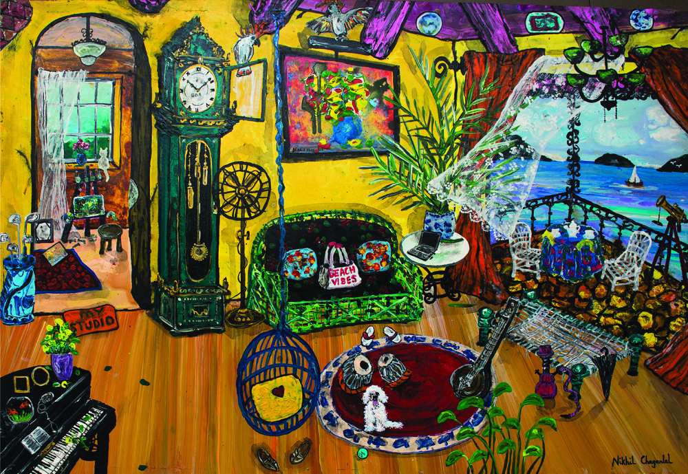Nikhil Chaganlal, An Interior by the Sea, acrylic on masonite board, 32” x 48”, 2025