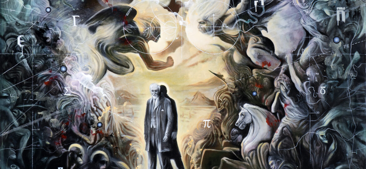 Baiju Parthan, Unraveling-Last battle of Sigmund and Carl, acrylic on canvas, 72'' x 72'', 2025