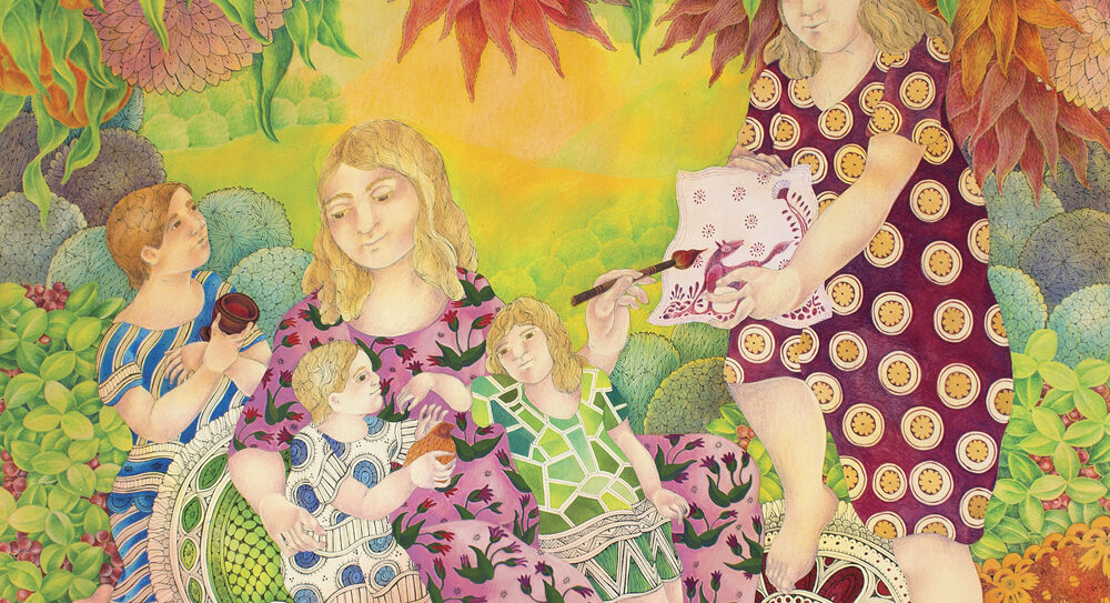 Maya Burman, The Red Fox, watercolour, pen & ink on paper, 31” x 31”, 2024